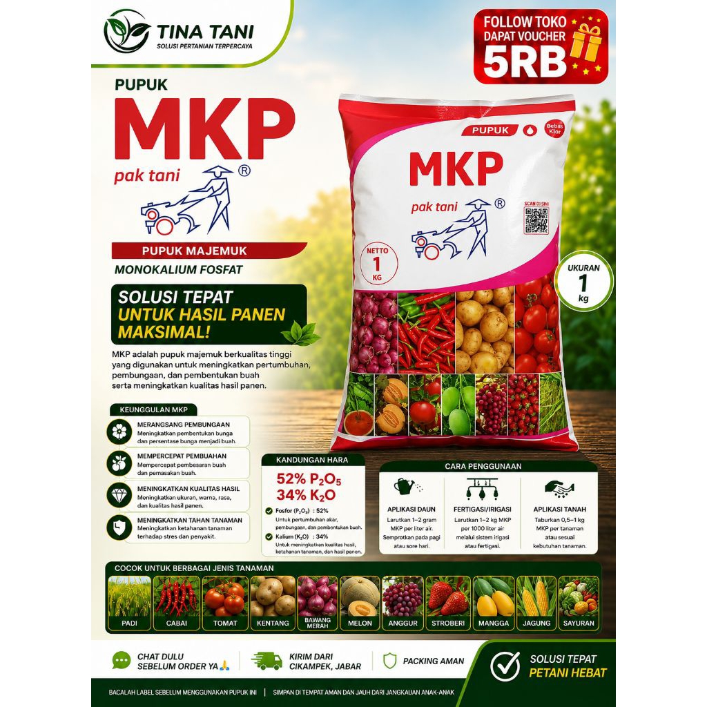 Pupuk MKP Pak Tani 1kg | Monokalium Fosfat 52% P2O5 34% K2O Pupuk Pembuahan Bunga Buah Bebas Klor
