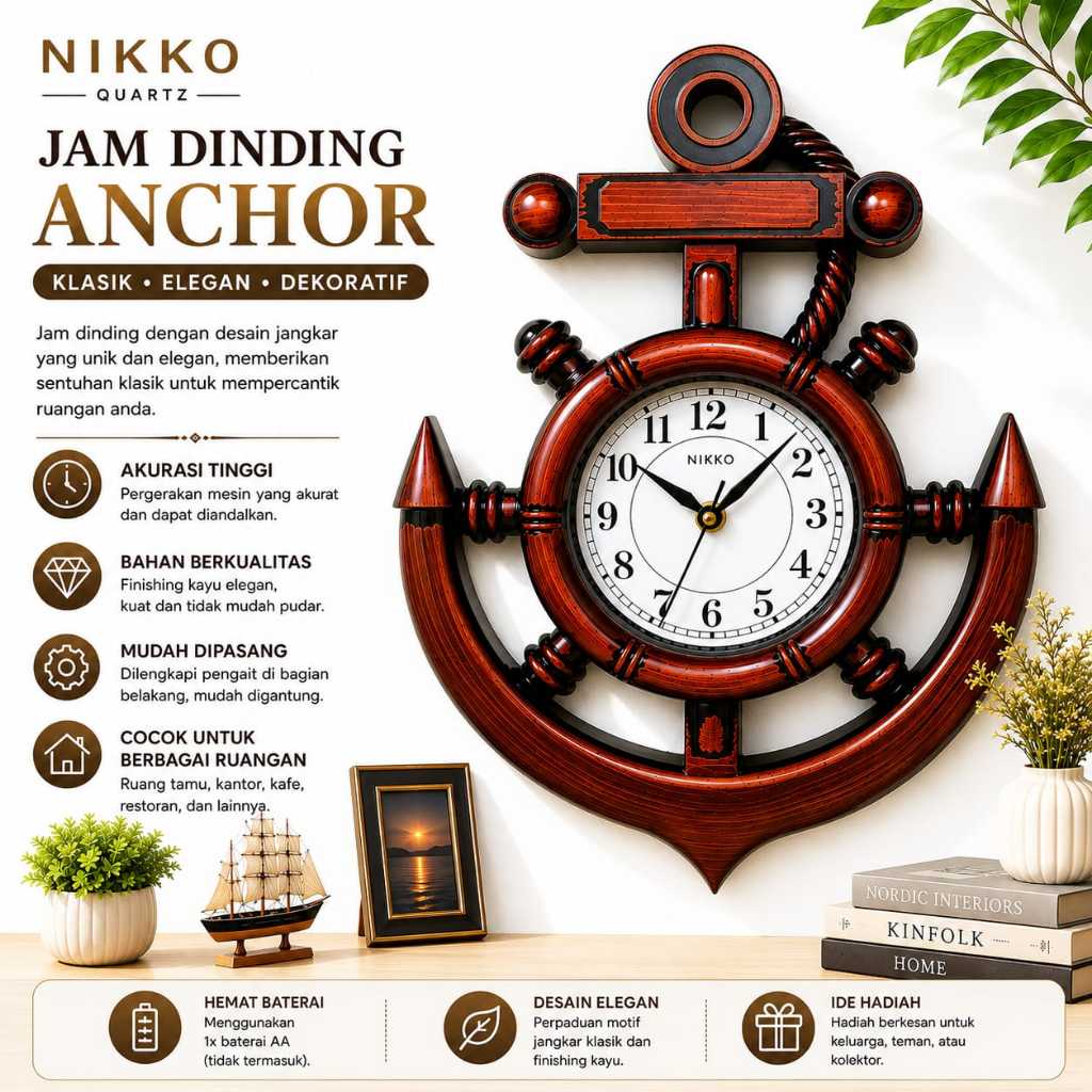 Dinding Jangkar Nikko Jam Dinding Jangkar Nikko 409 Niko 409 Warna Coklat Kayu Model Jangkar Kapal U