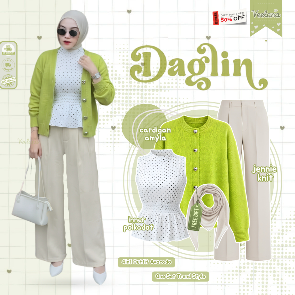 Outift Polkadot Avocado ( Bella Square Ivory, Inner Polkador, Cardigan Avocado, Jennie Knit Ivory ) 