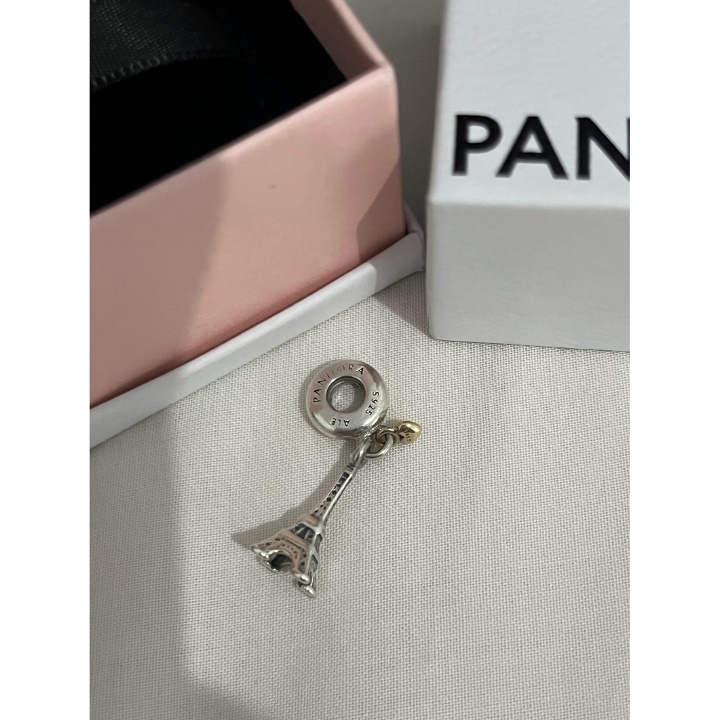 PRELOVED Pandora Charm Bracelet Paris Eiffel Tower Gold Heart & Silver 2-Toned Charm