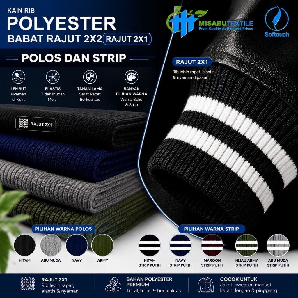 Kain Rib/bur babat 2x2 polos salur premium polyester pe jaket termurah