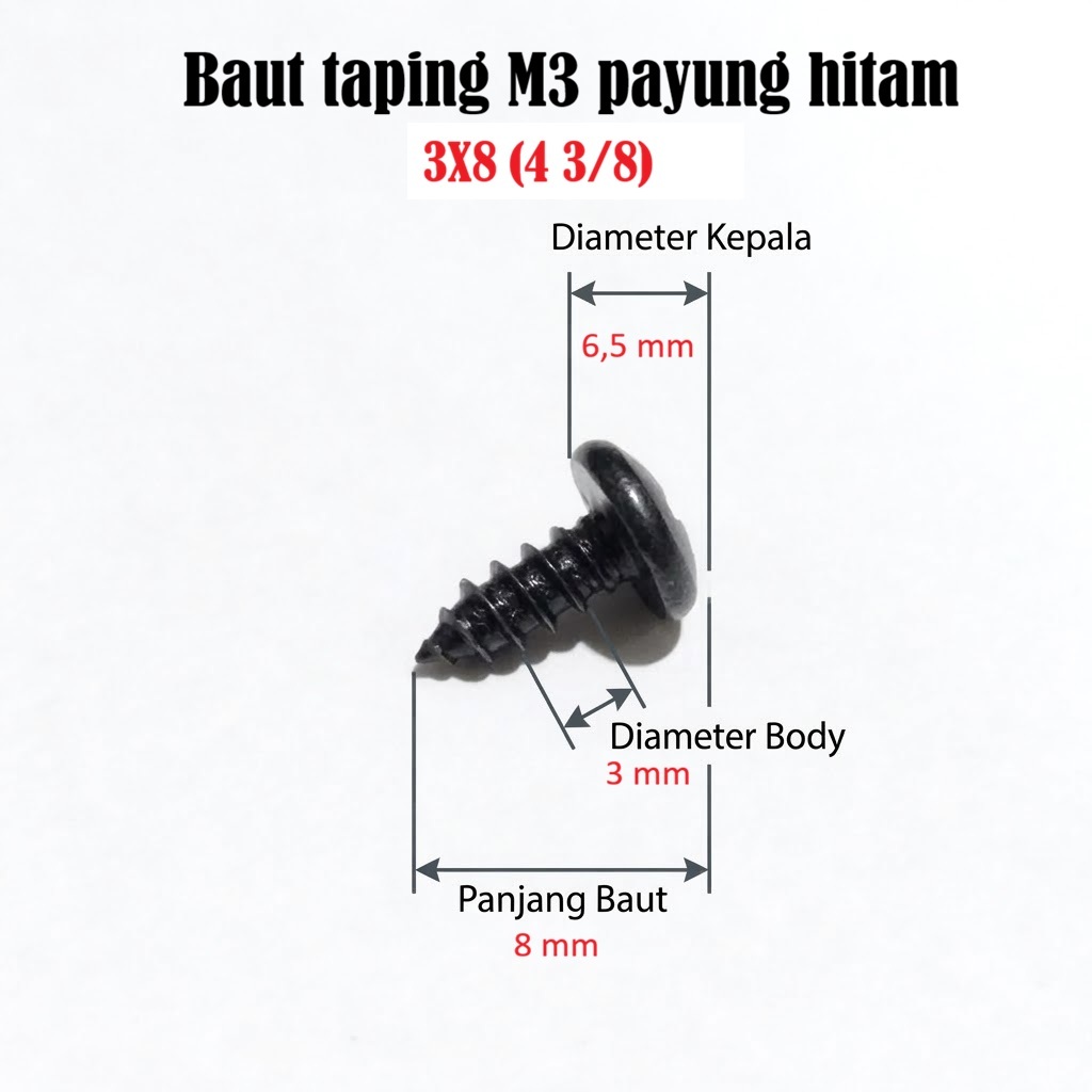 (100 Biji) Baut Tapping M3 Skrup Hitam Baut Speaker Payung Hitam