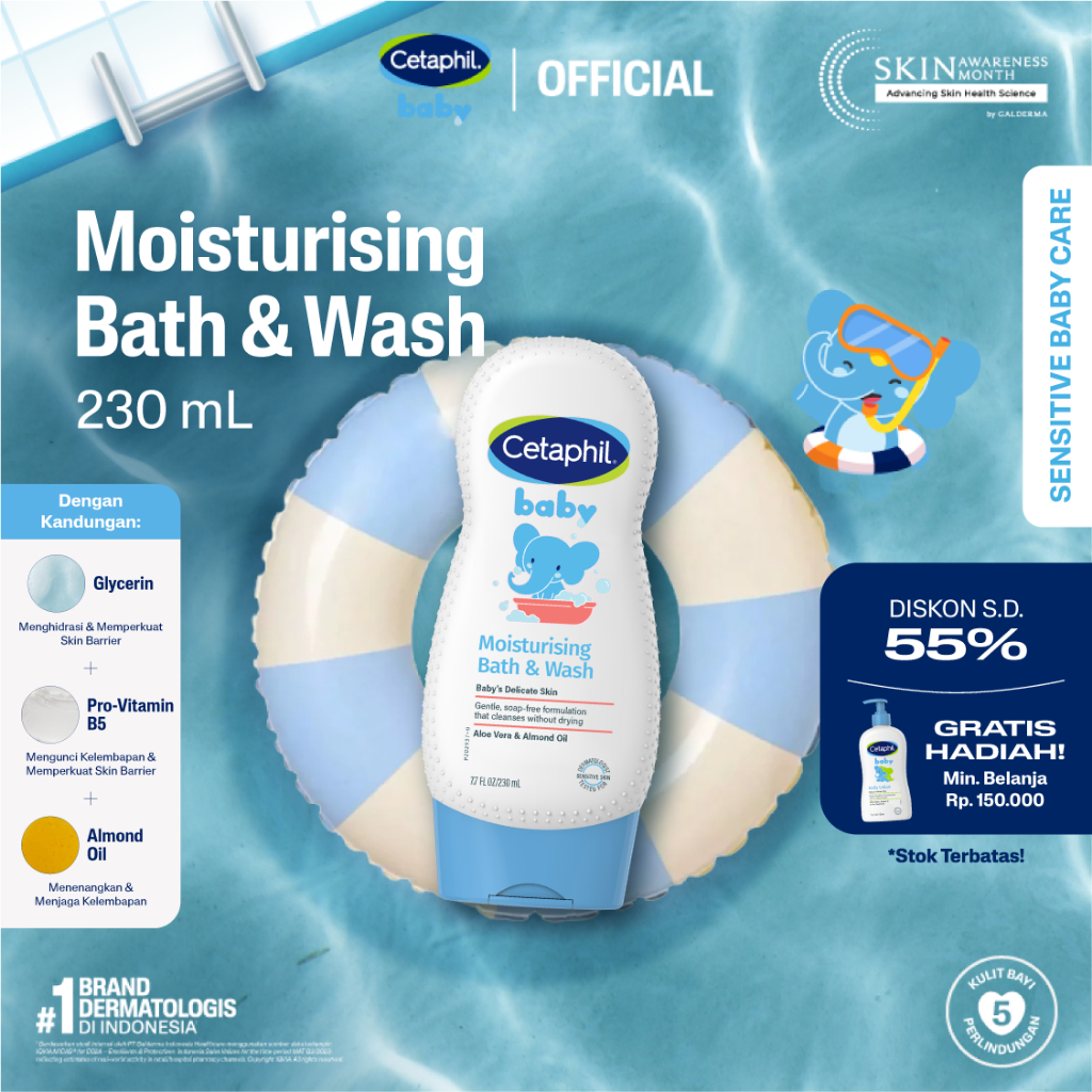 Cetaphil Baby Moist Bath & Wash 230ml Dengan Almond Oil Perawatan Sabun Mandi dan Shampo untuk Melem
