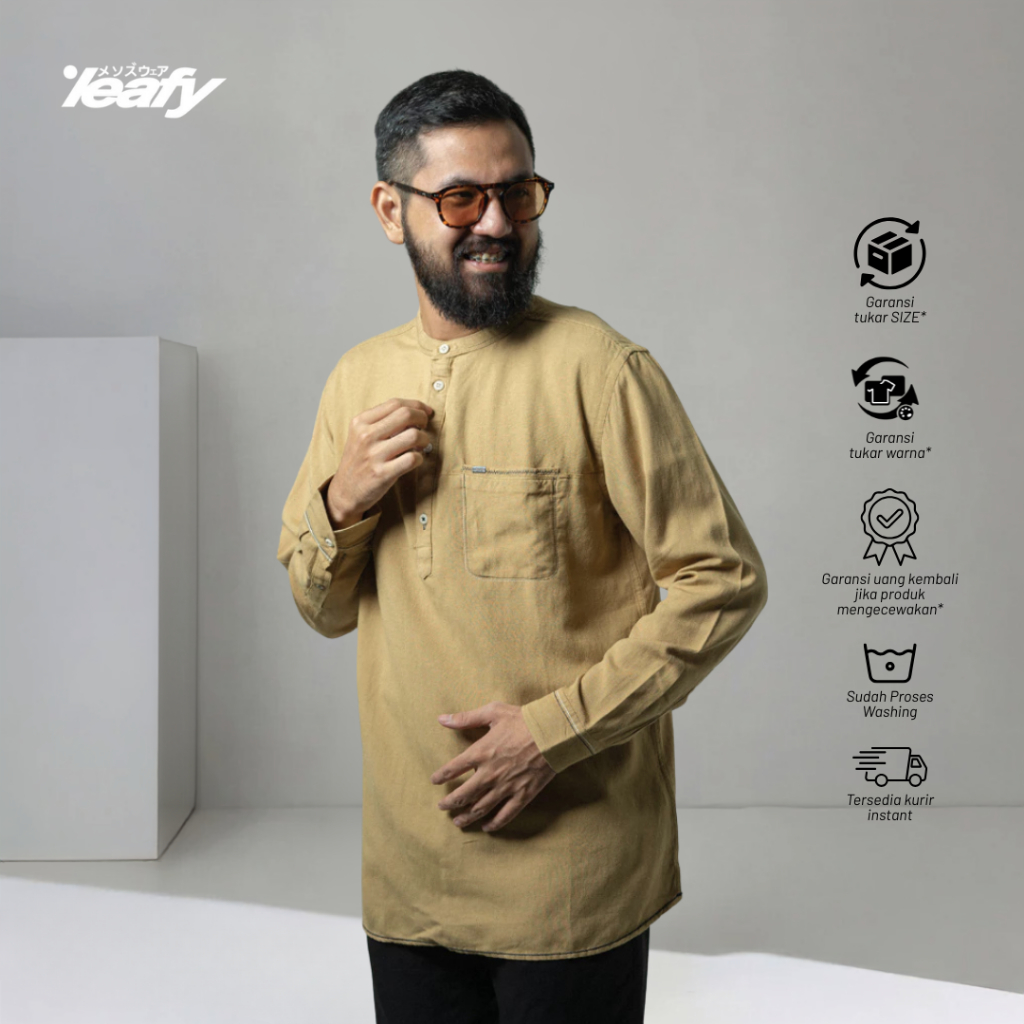 LEAFY - NR 344 Kemeja Koko Pria Lengan Panjang Katun Linen | Baju Atasan Muslim Kemko Cowok Dewasa
