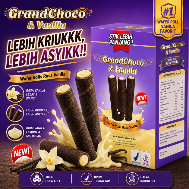 Grandchoco Rasa Vanilla | Wafer Roll Renyah, Kriuk, Isian Pasta Melimpah