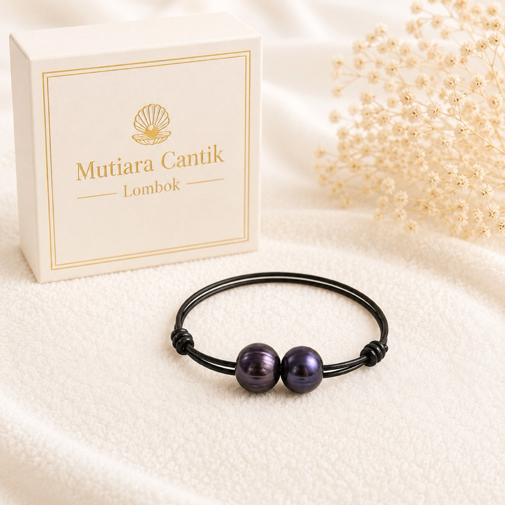 Gelang Mutiara Lombok Asli Hitam Premium | Gelang Tali Adjustable Unisex | Freshwater Pearl Bracelet