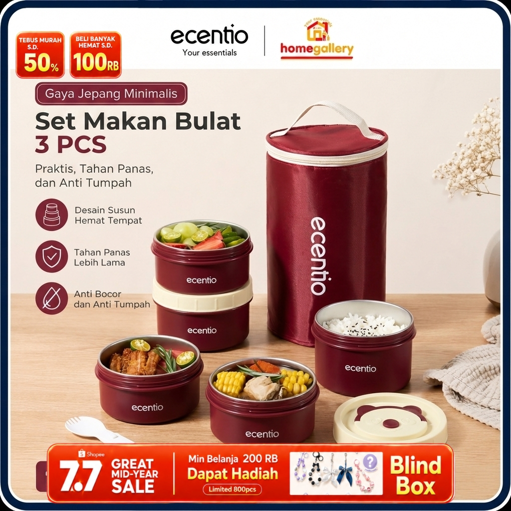 [ecentio homegallery NO.1]ecentio Tempat Bekal Makanan Tahan Panas Stainless Bekal Makan Set 3pcs An