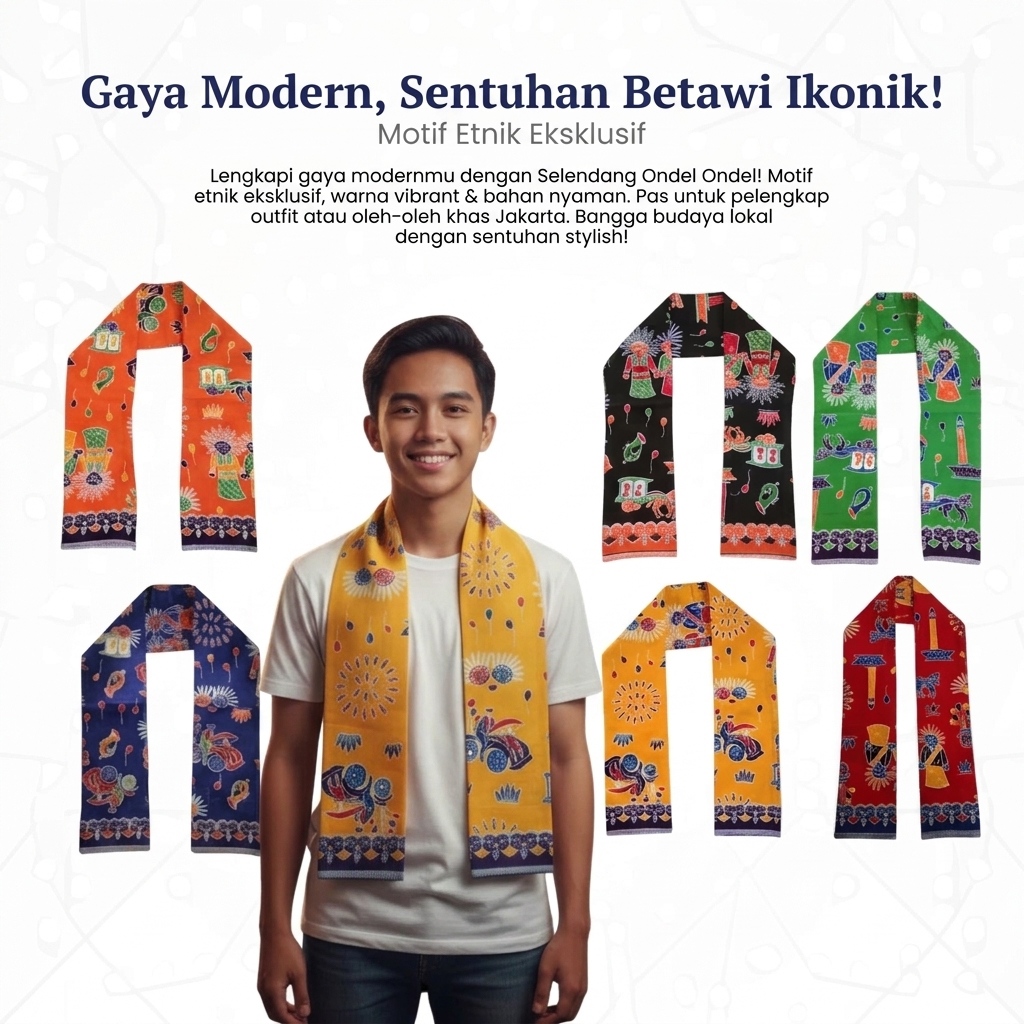 Selendang Ondel Ondel Betawi Premium Motif Etnik Jakarta Syal Batik Fashion Pria Wanita Unisex Syal 