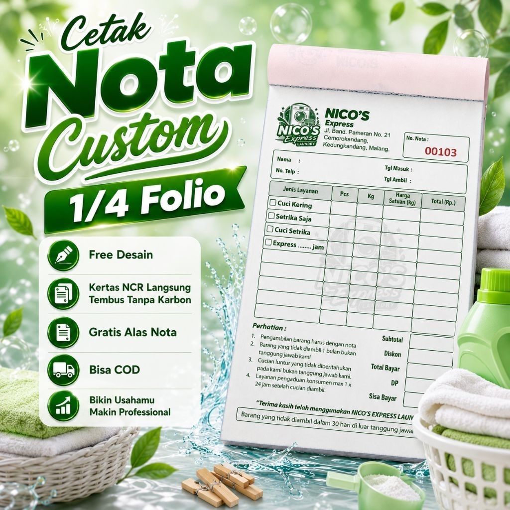 NOTA KONTAN CUSTOM 2 PLY NOTA OLSHOP KWITANSI (1/4 Folio) 2 Ply dan 3 Ply - FREE DESAIN