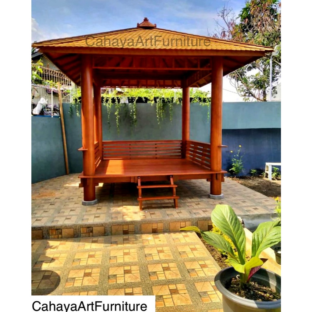 gazebo taman kayu jati minimalis | gazebo kayu jati 2x2 meter | saung gazebo taman minimalis