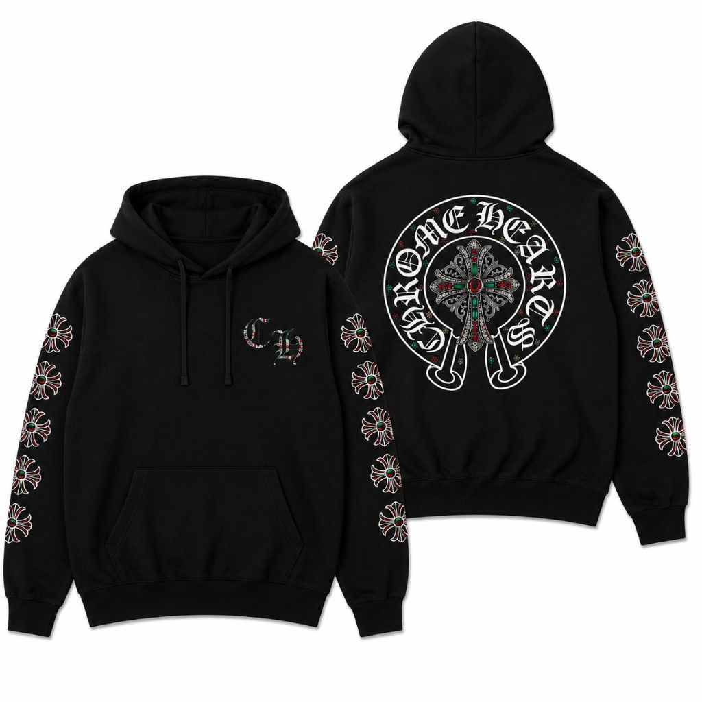 jaket Hoodie Chrome Hearts Gothic Cross Floral Black Hoodie Unisex
