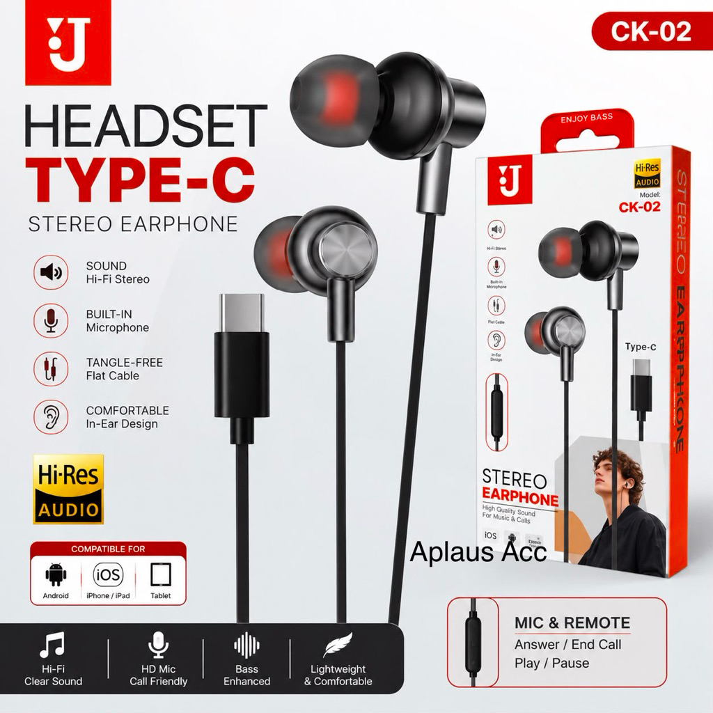 Handsfree Headset Type C Universal Stereo Earphone CK-02 + Mic buat telepon Bass Hifi