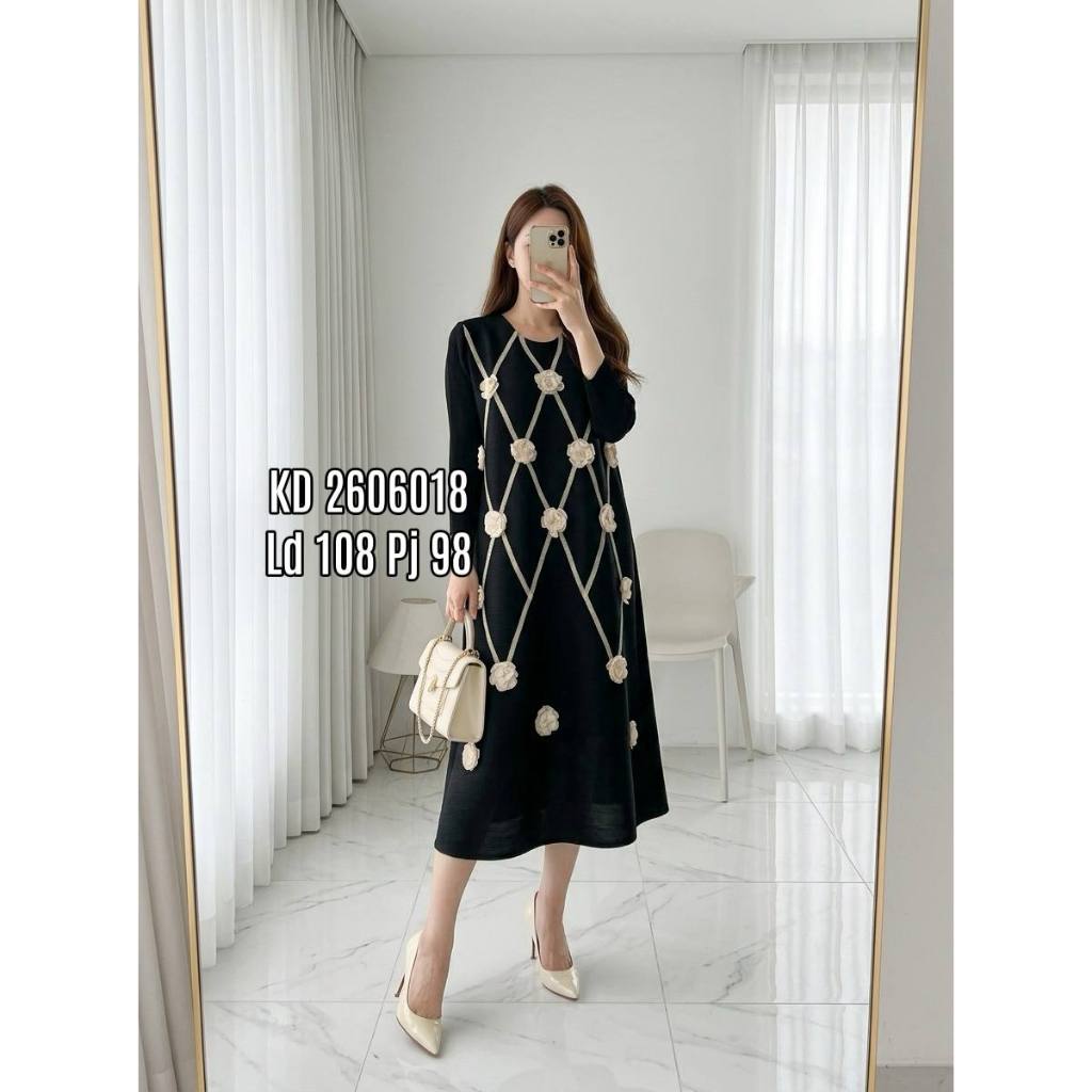 DDC KD 2606018 Dres Pesta Wanita Plisket Mewah Elegant Panjang Dewasa Motif Bunga Cantik