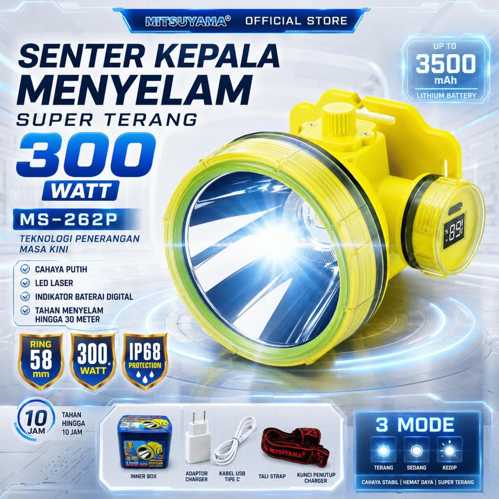 MITSUYAMA Senter Kepala Selam LED 300 Watt Mitsuyama MS-262P Cahaya Putih Lampu Diving LED Super Ter