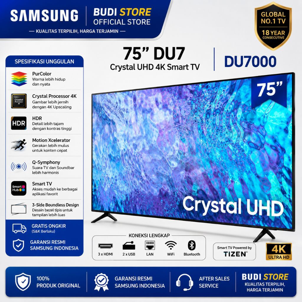 Samsung DU7000 75 Inch 4K UHD Smart TV Tizen HDR PurColor EX Display