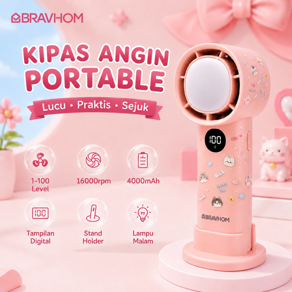 BRAVHOM Kipas Angin Mini Portable 4000mAh High-Speed 16000RPM LED 100Gear Lampu Malam BL-FN12