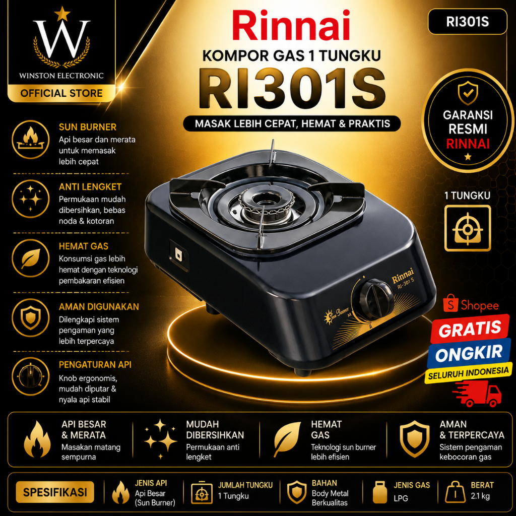 KOMPOR GAS RINNAI 1 TUNGKU RI 301 S KOMPOR RINNAI/RI-301 S/RI 301 S/RI301S/RINNAI KOMPOR GAS GARANSI