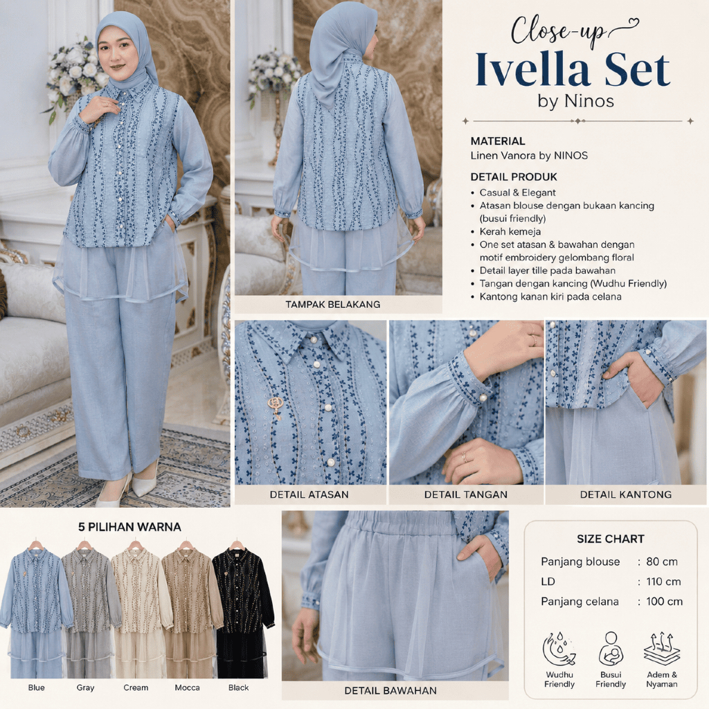 Ivella Set by Ninos One Set Wanita Linen Vanora Embroidery Floral Celana Blouse Busui Wudhu Friendly