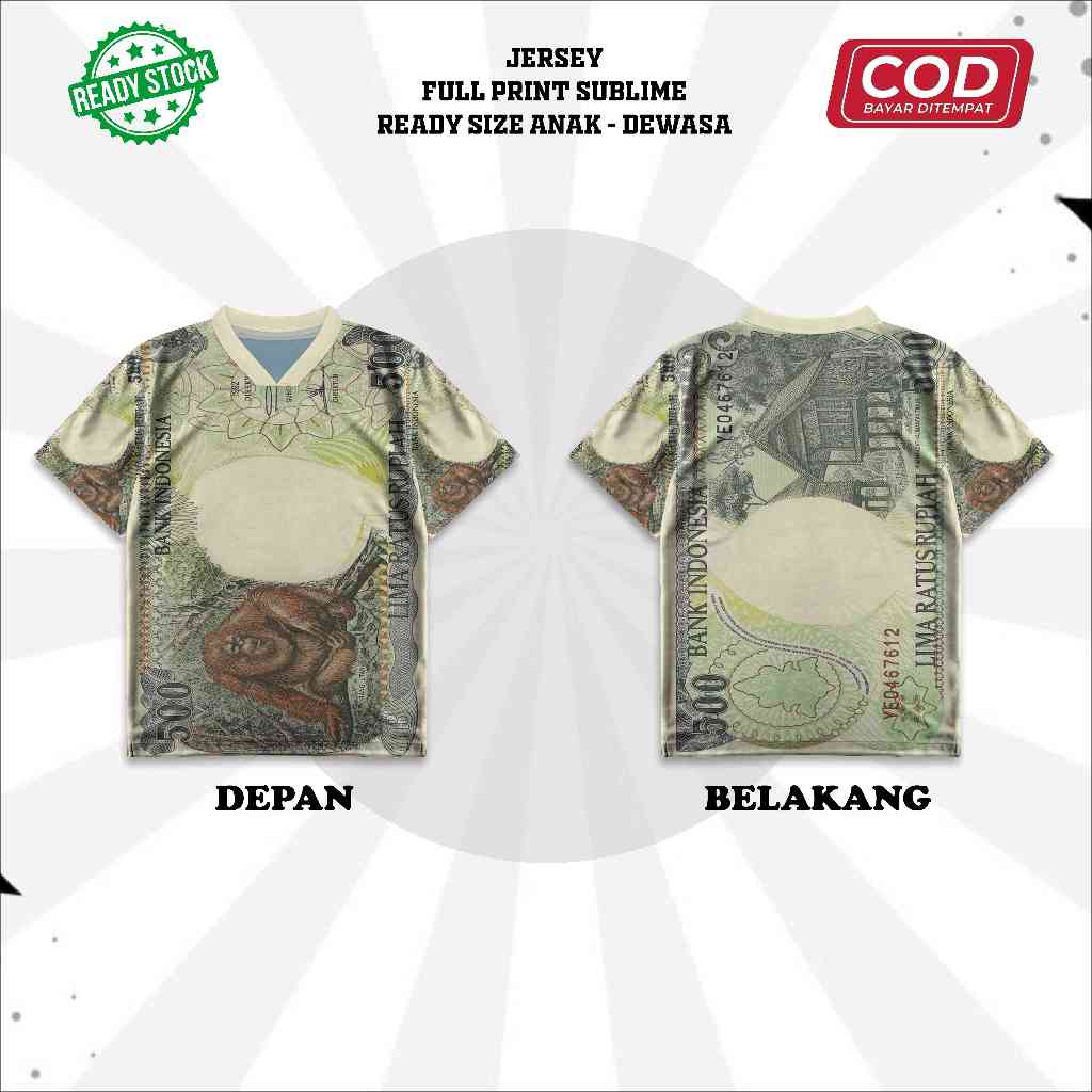 Kaos Jersey Motif Uang 500 Lima Ratus Monyet Jadul Baju Sport Duit Gambar Unik Full Printing Sublim 