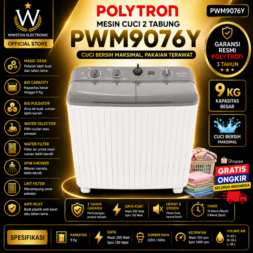 Polytron PWM-9076Y Mesin Cuci