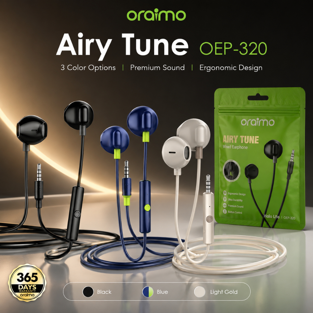 Oraimo OEP-320 Earphone In-Ear Wired - Hitam, Biru, Light Gold