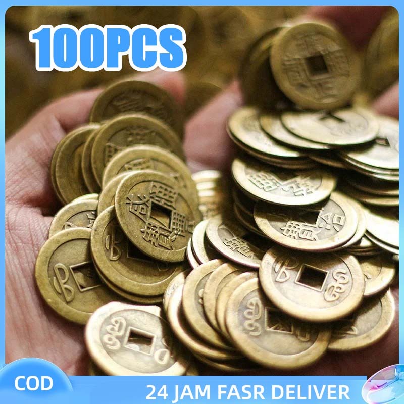 100pcs Uang Logam Kuno Emas Koin Cina Kuno Koin Feng Shui Hiasan Koin Cina Pajangan Imlek