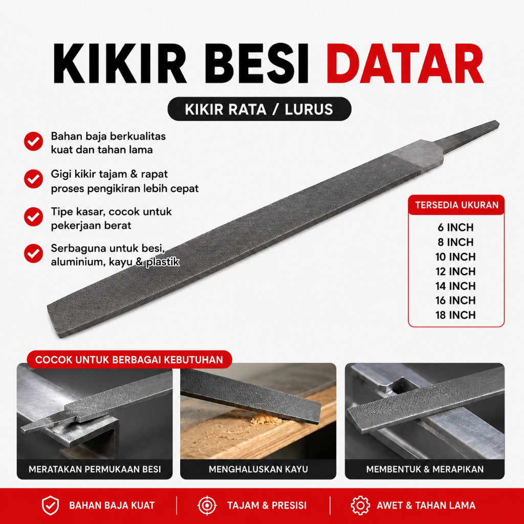 Kikir Besi Flat Datar Baja Kikir Tangan Kasar Halus Alat Kikir Kayu Besi Multifungsi