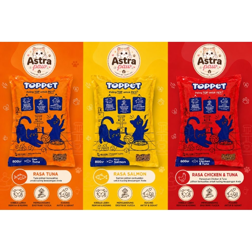 TOPPET Makanan Kucing Dry Food 800gr Tuna | Salmon | Chicken & Tuna Cat Food Kibble Renyah Extract Y
