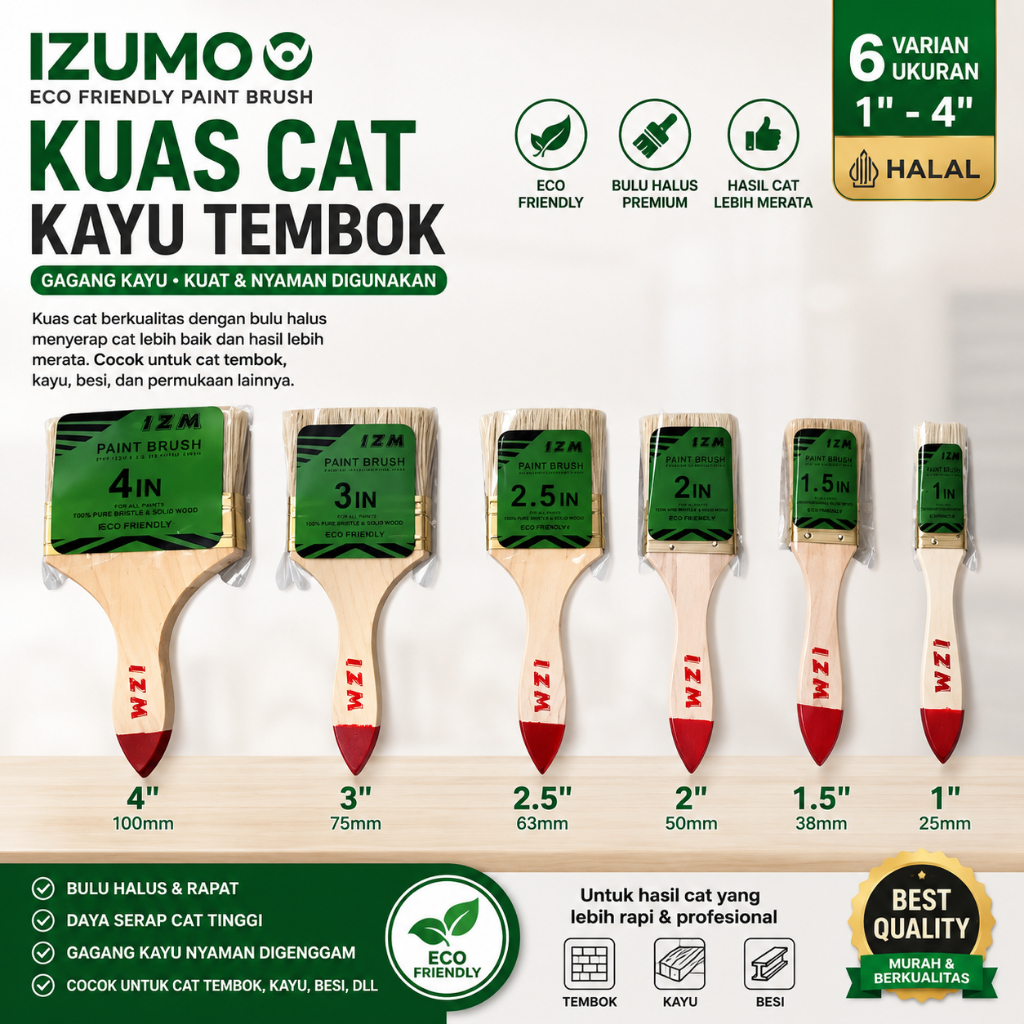 [IZM] Kuas Cat Tembok Gagang Kayu Serbaguna Paint Brush ECO 1/1.5/2/2.5/3/4 Inch Komplit Lengkap Uku