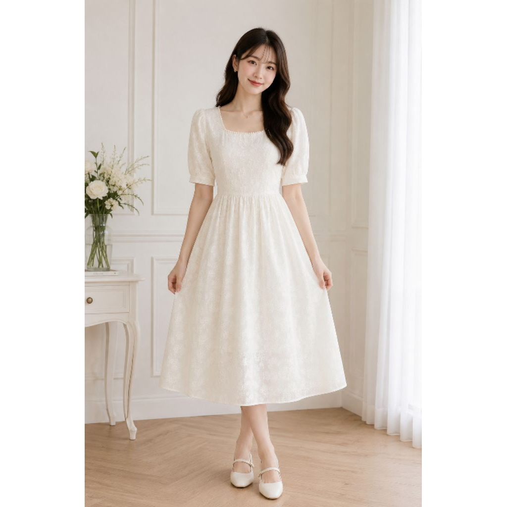 Dress putih brokat terbaru model Korea dengan leher kotak dan mutiara.