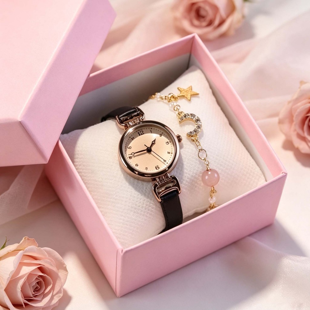 3PCS Jam Tangan Kuarsa Wanita Penunjuk Bulat Subdial PU Tali Kulit Jam Tangan Gelang Gratis (Dilengk