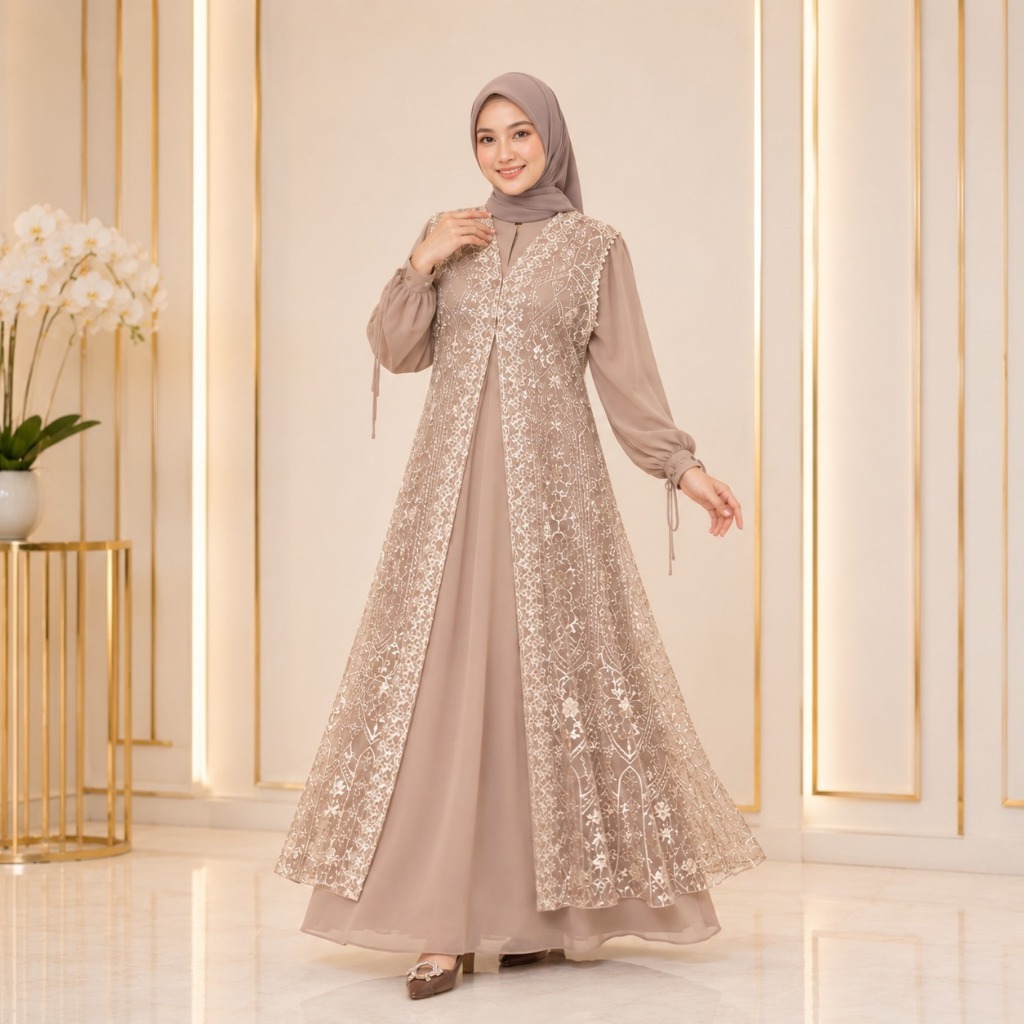 Gamis Elegan Wanita Terbaru Naura Set Inner Dress BO Bahan Ceruty Babydoll Mix Brukat Plus Renda Pre
