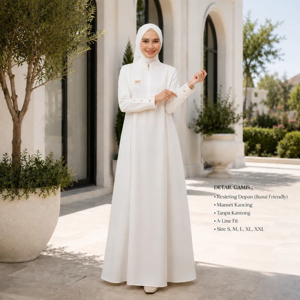 Baju Gamis Muslim Wanita Putih Harian Simple Elegan Super Nyaman Mewah Size Jumbo M-XXL Mimora