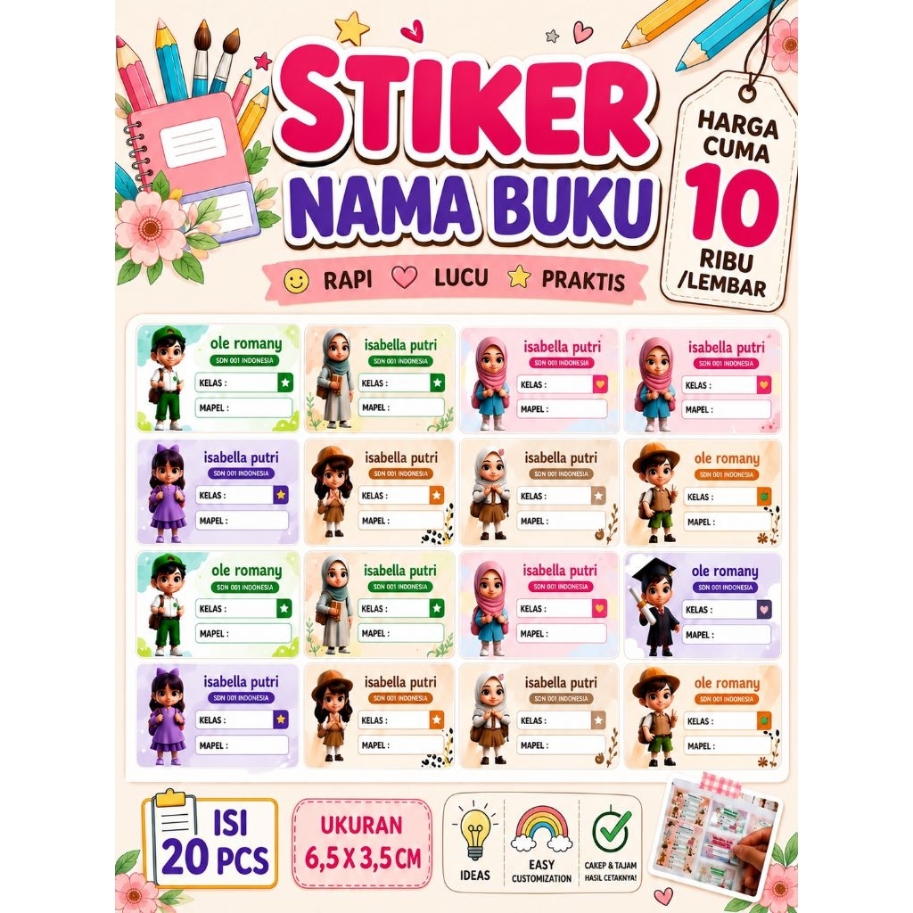 Sticker Nama Buku Pelajaran, Sticker Buku Pelajaran,  Stiker Label Pelajaran, Stiker Cutting Nama Bu
