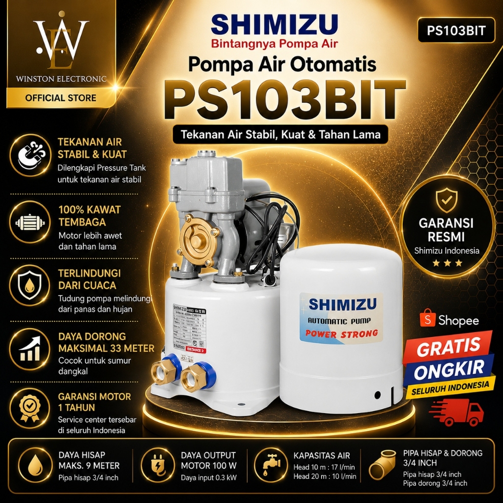 POMPA AIR OTOMATIS SHIMIZU PS103BIT/PS-103BIT/PS 103BIT/PS 103 BIT/ ORIGINAL BERGARANSI RESMI