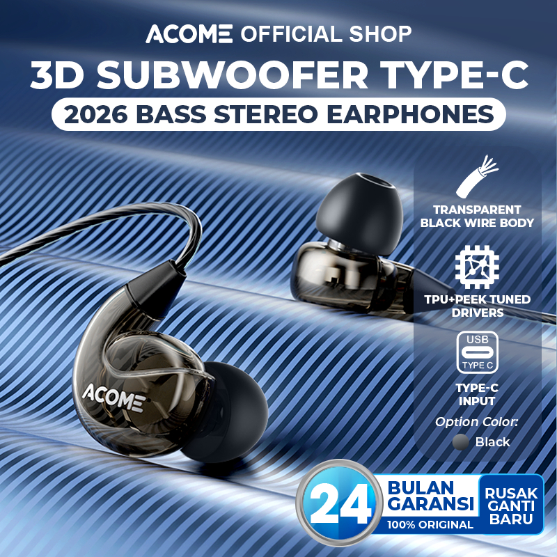 [BISA COD] ACOME 3D Subwoofer Headphone Earphone Headset Type-C/Jack 3.5mm Powerfull Bass Plug and P