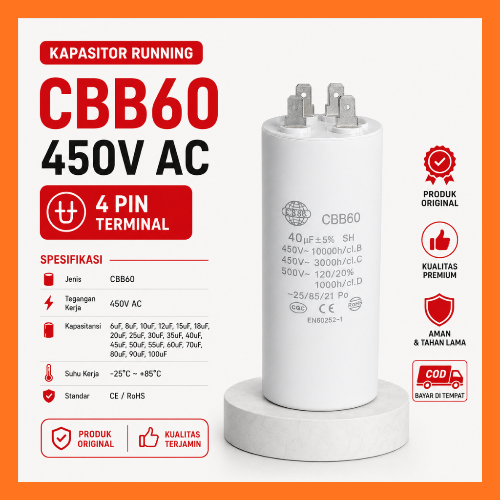 CBB60 450V Kapasitor Pompa Air 4 PIN 6UF 12UF 20UF 30UF 40UF 50UF 100UF