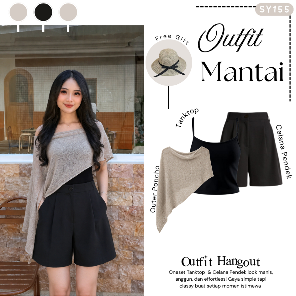 Outfit Mantai Look Kekinian ( Topi + Tanktop + Outer + Celana ) One Set Wanita Hangout | Outfit Ke P