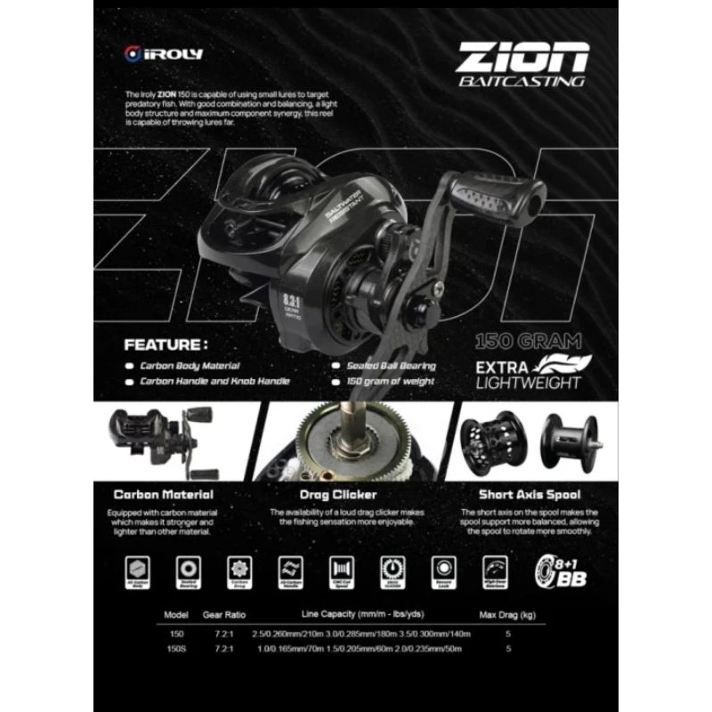 Reel Pancing Bait Casting BC/Kerekan Pancing Baitcasting Iroly Zion SW Drag Clicker Carbon Body & Ha