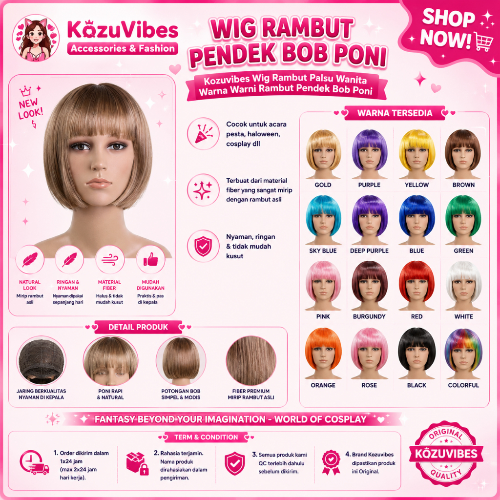 Kozuvibes Wig Rambut Palsu Wanita Warna Warni Rambut Pendek Bob Poni