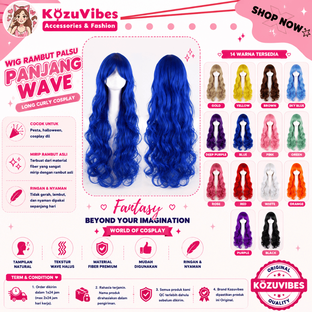 KozuVibes Wig Rambut Palsu Rambut Base Panjang Wave Long Curly Cosplay