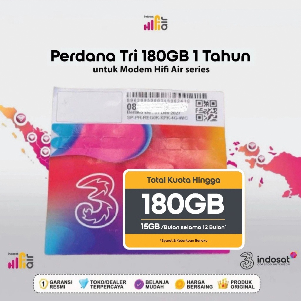 Kartu Perdana Internet 4G SIM Tri Indosat HiFi Air 180GB 1 Tahun UNTUK MODEM HKM & HUAWEI