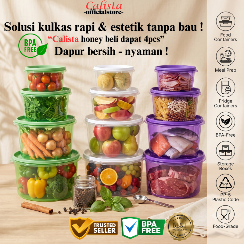 [Bpa Free] Toples Plastik Calista Kulkas Honey Ungu Set Premium 4pcs