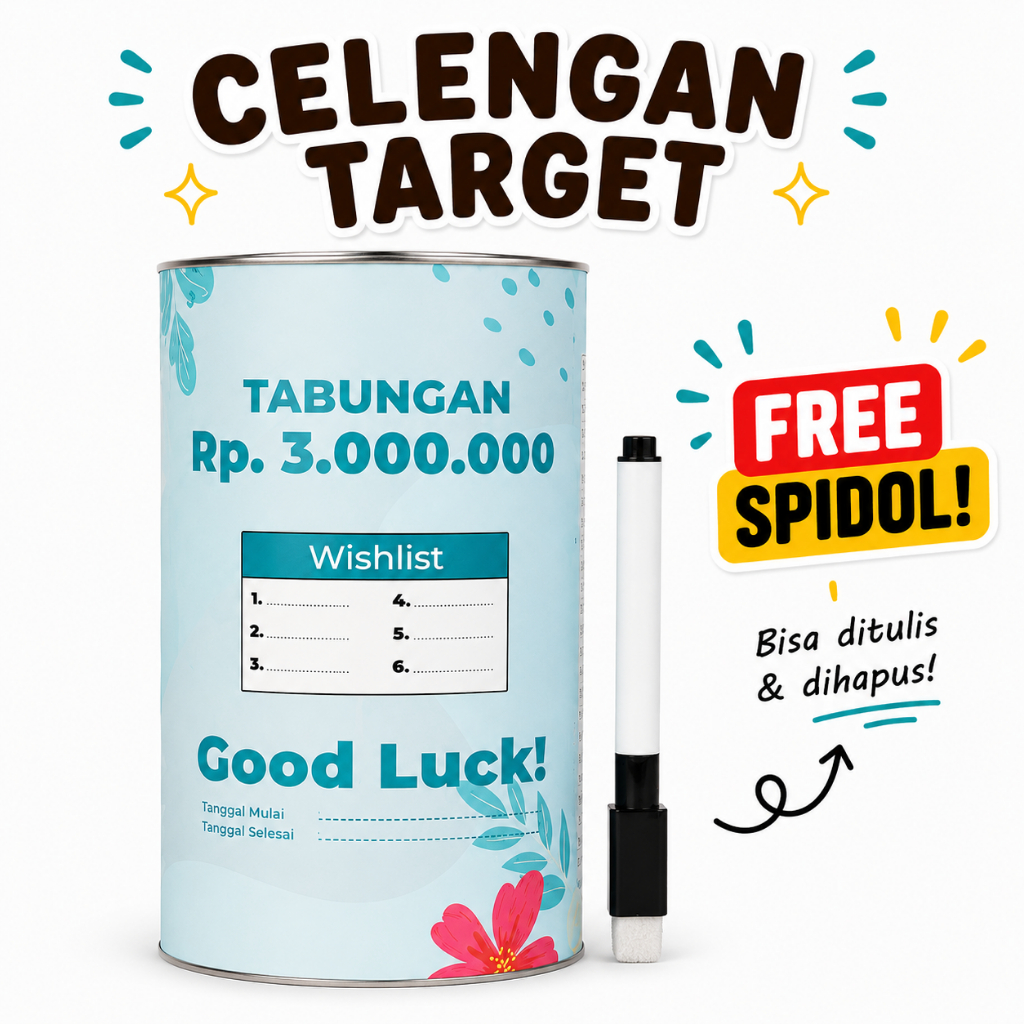 FREE SPIDOL Celengan 5K Target 3 Juta Ukuran Small Tabung Tutup Permanen Kecil Murah Motif Desaign L