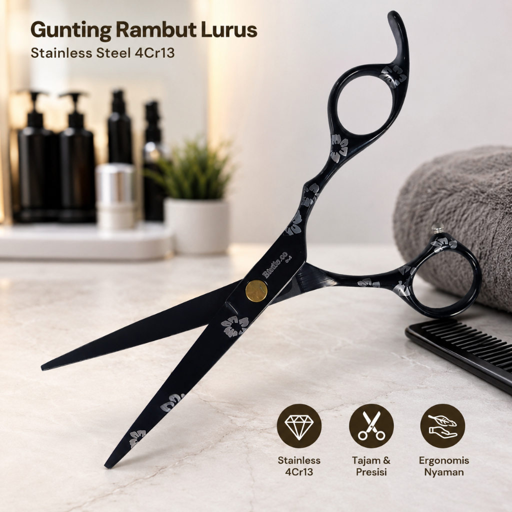 Gunting Rambut Lurus Buffing Stainless Steel 4Cr13 - CL-6 - Black OMHX32BK