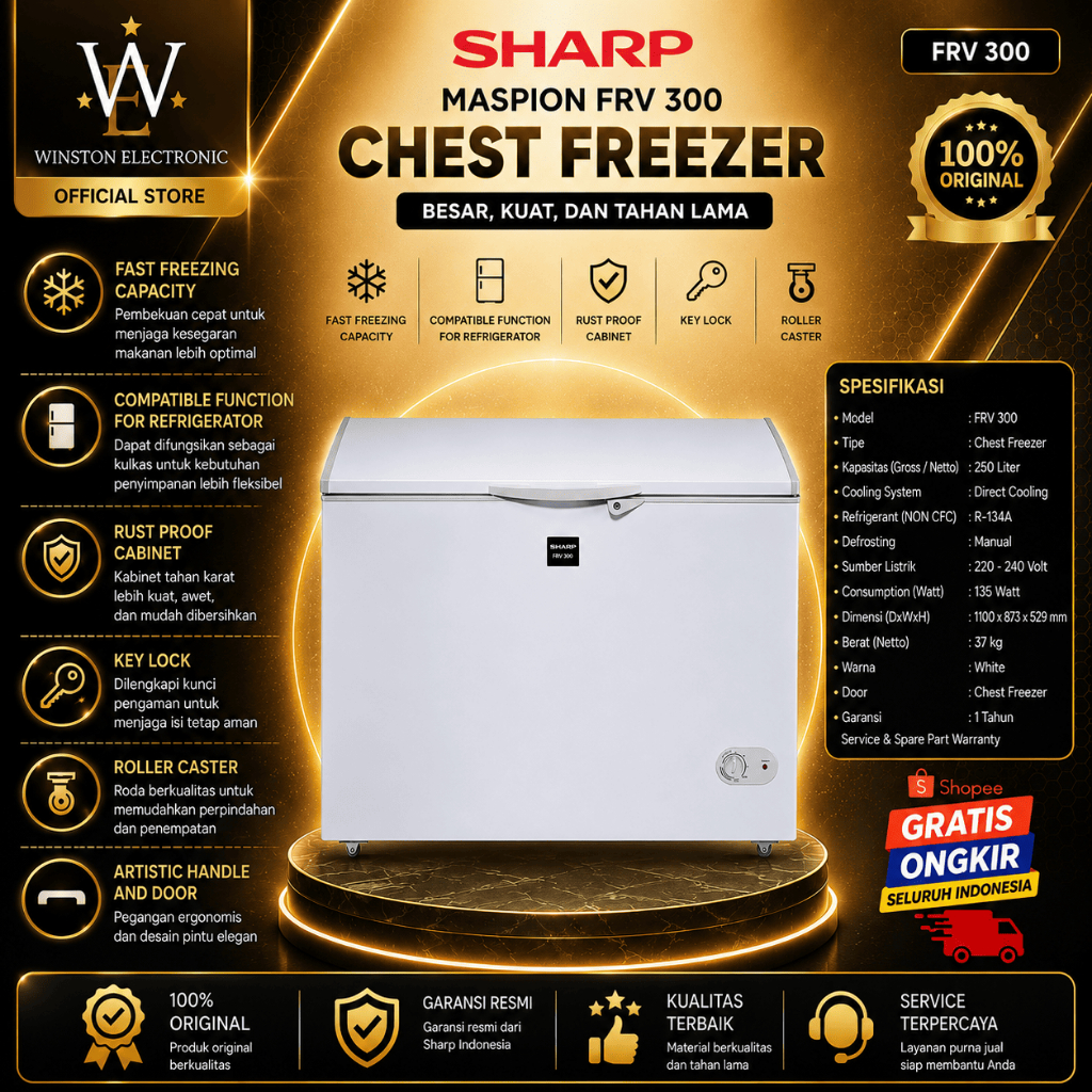 SHARP CHEST FREEZER FRV 300 Freezer pembeku daging BERGARANSI/FRV300/FRV-300/FRV 300/CHEST FREEZER
