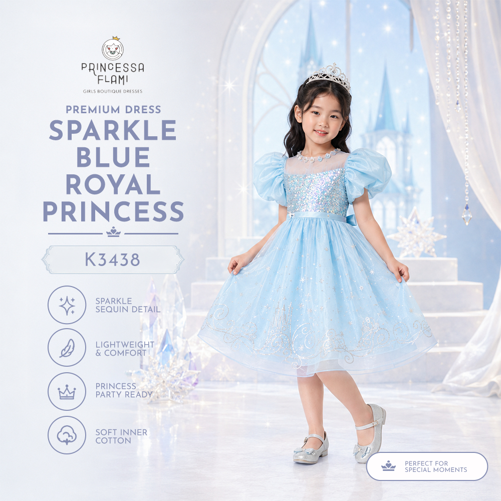 Princessa Flami Dress Anak Karakter Costum Elsa Frozen Cinderella Dress Sparkle Blue K3438