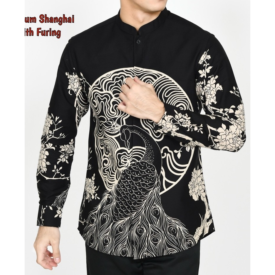 Kemeja Batik Pria Slimfit Kemeja Lengan Panjang Premium Furing Kerah Shanghai CNY IMLEK 2625 Hitam