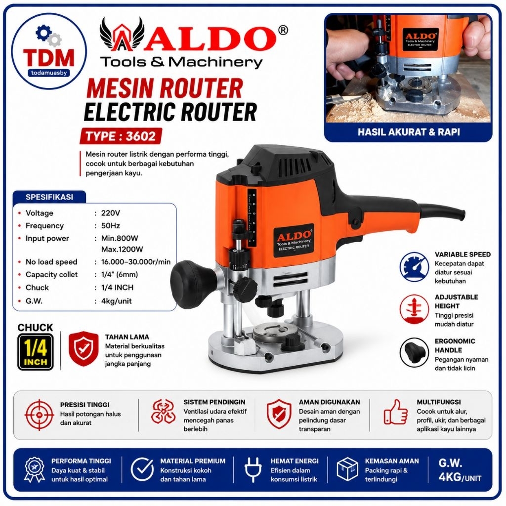 MESIN PROFIL KAYU / MESIN ELECTRIC ROUTER 3602 /MESIN ROUTER KAYU MERK ALDO