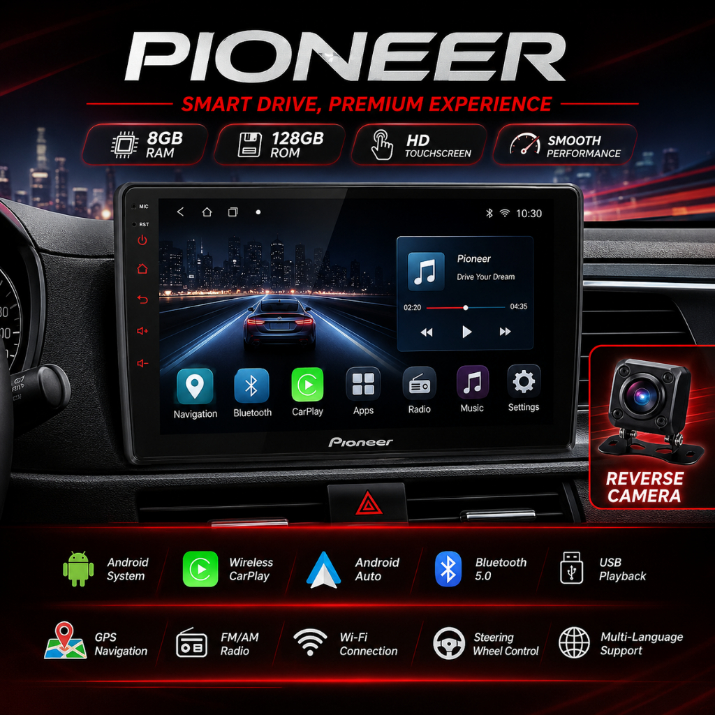 Pioneer 8GB+128GB Android Car Player 9/10 inch MP5 Support Carplay, Android Auto +Free Reverse Camer